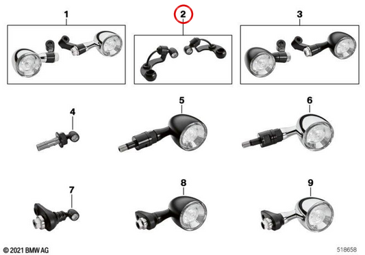 Set di mini indicatori di direzione anteriori a LED OEM 77512469302 per moto BMW R 18, R 18 Classic, R 18 Roctane. BMW Motorrad originale.