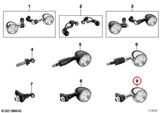 Set indicatori di direzione anteriori a LED OEM 77515A1A284 per moto BMW R 18 B, R 18 Transcontinental. BMW Motorrad originale.
