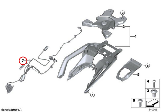 Set del sistema elettrico per topcase OEM 77535A86318 per moto BMW R 1300 GS, R 1300 RS. Originale BMW Motorrad.