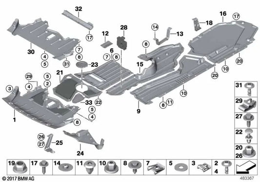 Left engine bay shield bracket for BMW X5 E70, E70N (OEM 51747162627). Original BMW.