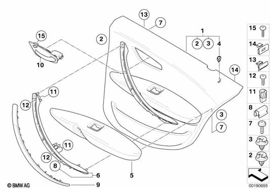 Rechte Satin Silber innere Griffabdeckung für BMW E81, E82, E87N, E88 (OEM 51417230686). Original BMW.