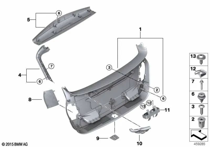 Trunk lock latch cover for BMW F45, F45N (OEM 51497411318). Original BMW.