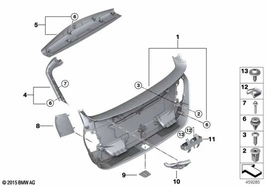 Trunk lock latch cover for BMW F45, F45N (OEM 51497411318). Original BMW.