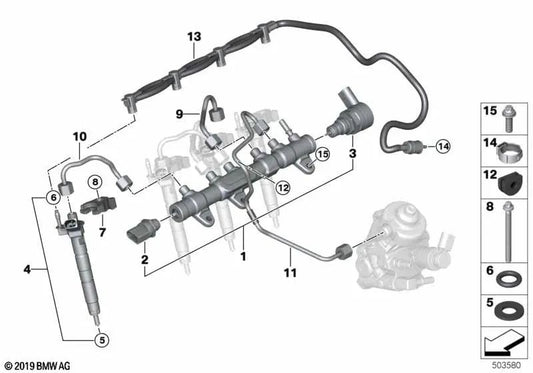 Pressure accumulator for BMW 1 Series F20N, F21N 2 Series F22, F22N, F23, F23N 3 Series F30N, F31N, F34N 4 Series F32, F32N, F33, F33N, F36, F36N 5 Series G30, G31 7 Series G11, G12 X Series F48, F39, G01, G02, F15 (OEM 13538514155). Original BMW.