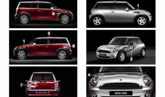 Lámina adhesiva capó delantero lateral derecho OEM 51147272528 para MINI R56, R56 LCI, Clubman R55, Cabrio R57… y más. Original MINI.