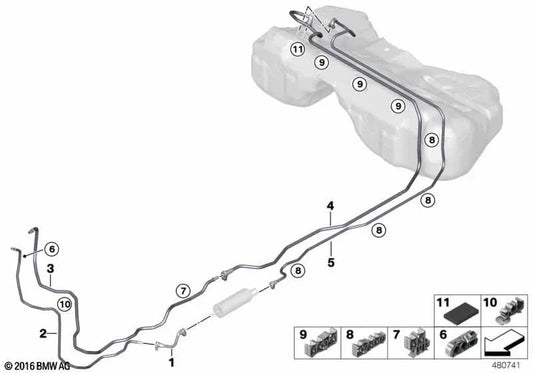Tubo di ritorno del carburante posteriore per BMW G30 (OEM 16127353912). BMW originale.