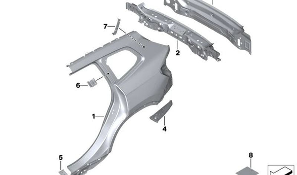 Extensión de aleta trasera izquierda OEM 41305A52CD3 para BMW Serie 1 (F20, F21), Serie 2 (F22, F23, F45, F46), Serie 3 (F30, F31, F34), Serie 4 (F32, F33, F36). Original BMW.