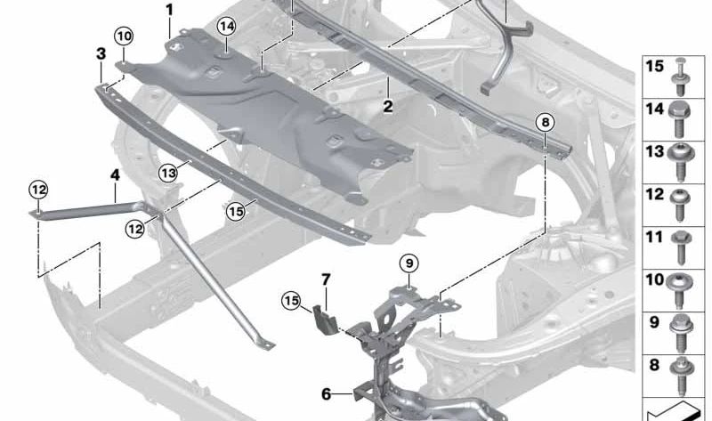 Refuerzo delantero OEM 51647383855 para BMW F90, F90N, G30, G30N, G31, G31N. Compatible con la estructura de la parte delantera. Original BMW.