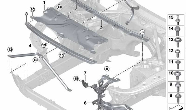 Refuerzo delantero OEM 51647383855 para BMW F90, F90N, G30, G30N, G31, G31N. Compatible con la estructura de la parte delantera. Original BMW.