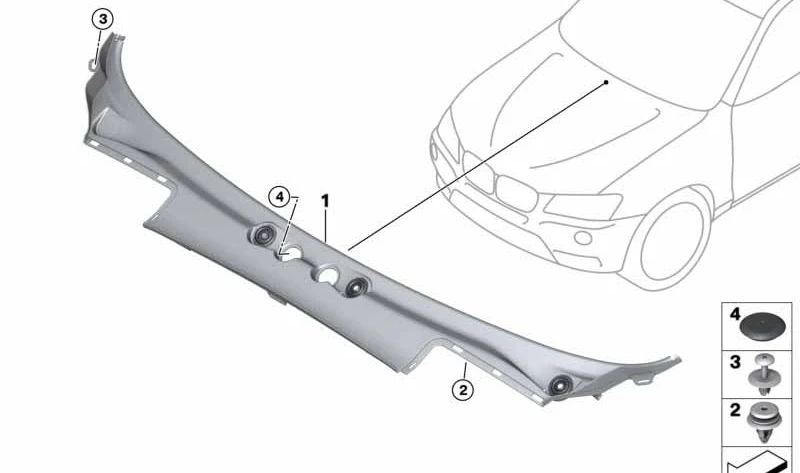Cubierta del vierteaguas parabrisas OEM 51717206136 para BMW X3 F25 (modelos sDrive18d, sDrive20i, xDrive20d). Compatible con versiones manuales y automáticas. Pieza original BMW.
