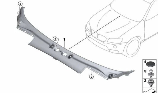 Cubierta del vierteaguas parabrisas OEM 51717206136 para BMW X3 F25 (modelos sDrive18d, sDrive20i, xDrive20d). Compatible con versiones manuales y automáticas. Pieza original BMW.
