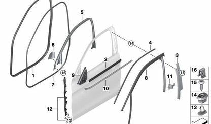 Clip sujeción OEM 51767386235 para BMW F15, F85, F16, F86. Compatible con molduras y juntas de puerta delantera. Recambio original BMW.