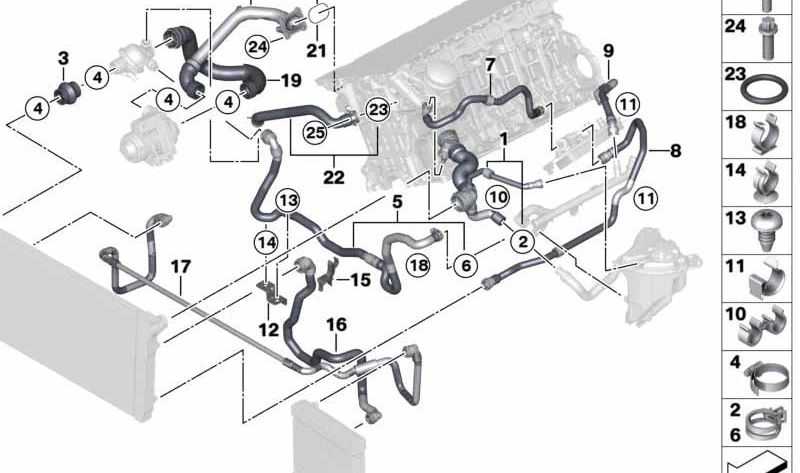 Manguera del radiador/circuito refrigerante OEM 17127580964 para BMW F01, F02. Original BMW.
