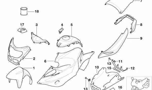 Juego de piezas adosadas spoiler del motor OEM 46637708563 para motos BMW R1100S, R1100RS. Original BMW Motorrad.