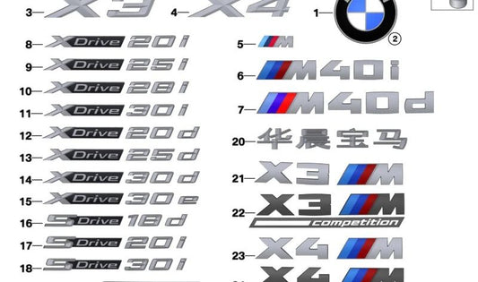 Emblema trasero "X Drive 30i" OEM 51148737323 para BMW X3 {G01, G01N, G08} y BMW X4 {G02, G02N}. Original BMW.