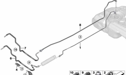 Tubería de alimentación de combustible delantera OEM 16129453510 para MINI F39, F40, F44, F45, F46, F48, F54, F55, F56, F57, F60 y BMW F40. Original MINI y BMW.