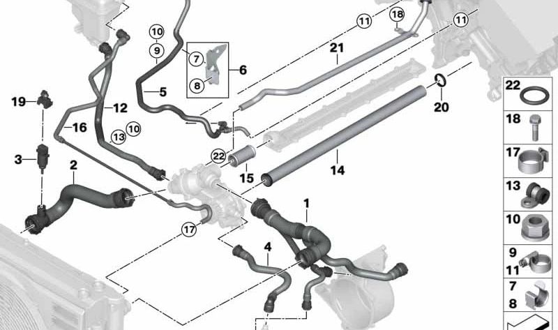 Abrazadera de tubo del sistema de refrigeración OEM 17127521441 para BMW E65, E66. Original BMW.