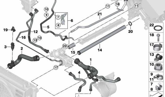 Abrazadera de tubo del sistema de refrigeración OEM 17127521441 para BMW E65, E66. Original BMW.
