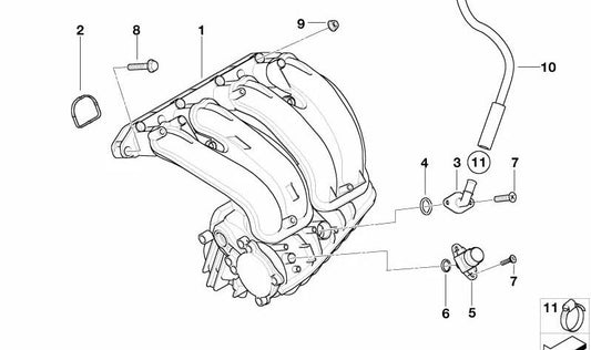 Gomenti di ammissione OEM 11617515728 per BMW E46 {316CI, 316i, 316ti} con motori N40 e N45. Compatibile con i modelli tra il 2002 e il 2006. BMW originale.