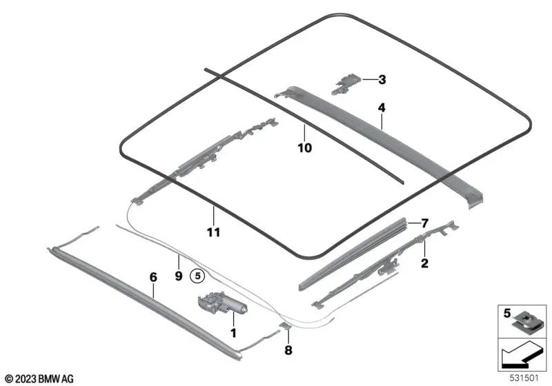Panoramic Roof Mechanism for BMW 2 Series G42, G87, 3 Series G20, G21, G80, 4 Series G22, G26, G82, 5 Series G31, 6 Series G32 (OEM 67617424804). Original BMW