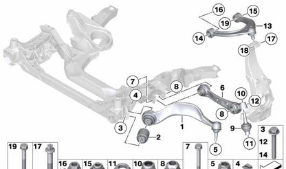 Brazos de suspensión inferior con cojinete de goma derecho para BMW Serie 5 F10, F11, Serie 6 F06, F12, F13 (OEM 31126777744). Original BMW