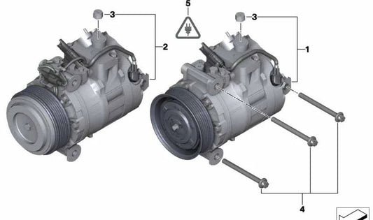 Compresor de aire acondicionado con embrague magnético OEM 64509180549 para BMW E81, E82, E87N, E88, E90, E90N, E91, E91N, E92, E92N, E93, E93N, E60N, E61N, E63N, E64N. Original BMW.