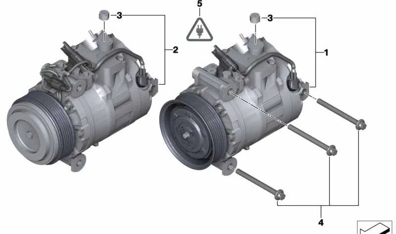 Compresor de aire acondicionado sin embrague OEM 64529122618 para BMW E81, E82, E87, E87N, E88, E90, E90N, E91, E91N, E92, E92N, E93, E93N, E84. Original BMW.