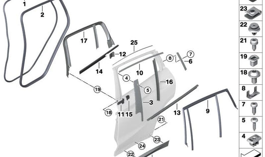 Moldura trasera derecha puerta OEM 51138072792 para BMW X4 G02 (todos los modelos: xDrive20d, M40d, M40i). Original BMW.