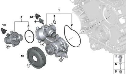 Bomba de refrigerante mecánica para BMW E60, E61, E63, E64, E65, E66, E70 (OEM 11517586779). Original BMW.