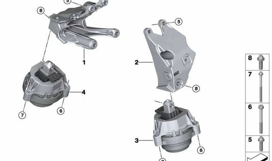Supporto motore destro per la BMW 5 G30 Series, G31, G38N, serie 6 G32, 7 G12N (OEM 22119488384). BMW originale.