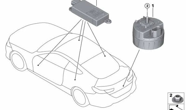 Sirena de alarma con sensor de inclinación OEM 65755A40311 para BMW G23, G83, F91, G14, G29. Original BMW.
