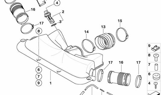 Conducto de aire limpio OEM 13717541066 para BMW Serie 7 E65 y E66 (750i, 750Li) con motor N62T. Modelos compatibles: E65 y E66. Original BMW.