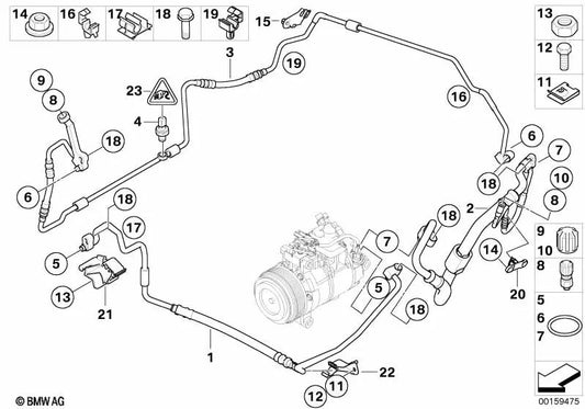 Compressor-Condenser Pipe for BMW 1 Series E81, E82, E87N (OEM 64509223320). Original BMW.