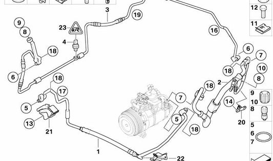 Tubo de aire acondicionado (del compresor al condensador) OEM 64509223319 para BMW E82, E88, E90, E90N, E91, E91N, E92, E93, E84. Original BMW.