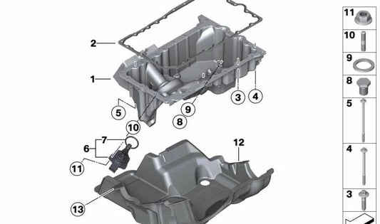 Cárter de aceite OEM 11137637608 para BMW X5 F15 xDrive28i/40e y X6 F16 xDrive28i. Compatible con motores N20. Original BMW.