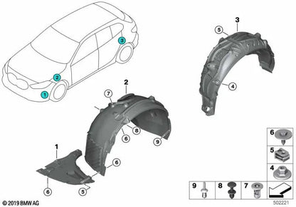 Lower left fender cover for BMW F40, F44 (OEM 51718497237). Original BMW.