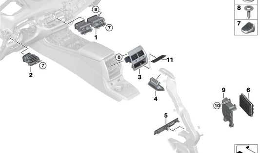 Rejilla de ventilación izquierda (acabado negro Piano) OEM 64225A4F823 para BMW XM (G09), X5 (F95, G05), X6 (F96, G06). Original BMW.