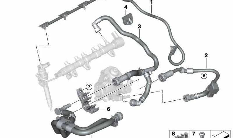 Tubo de retorno de combustible OEM 13538579959 para BMW G05, G18, G30, G11, G12, G15, G16, G20, G21, G22, G23, G26, G32, G01, G02, G07, G29, F44, F40, I20. Original BMW.