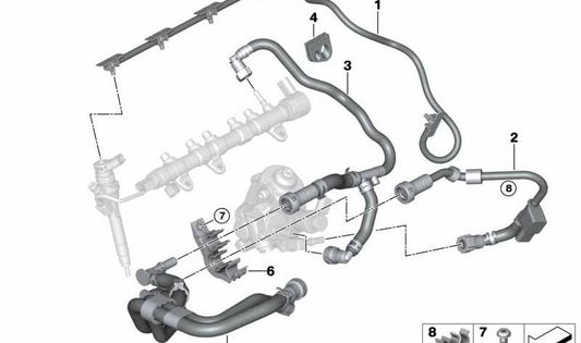 Tubo de retorno de combustible OEM 13538579959 para BMW G05, G18, G30, G11, G12, G15, G16, G20, G21, G22, G23, G26, G32, G01, G02, G07, G29, F44, F40, I20. Original BMW.
