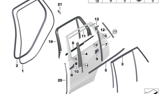 Embellecedor guía ventanilla trasera izquierda OEM 51357429391 para BMW X5 F95, F95N, G05, G05N, G18, G18N. Original BMW.