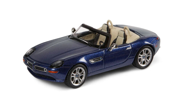 Coche en miniatura BMW Z8 a escala 1:64, color azul, con neumáticos de goma. Pieza de colección original BMW para entusiastas y coleccionistas. OEM 80425B5F651. Apto a partir de 14 años. Original BMW.
