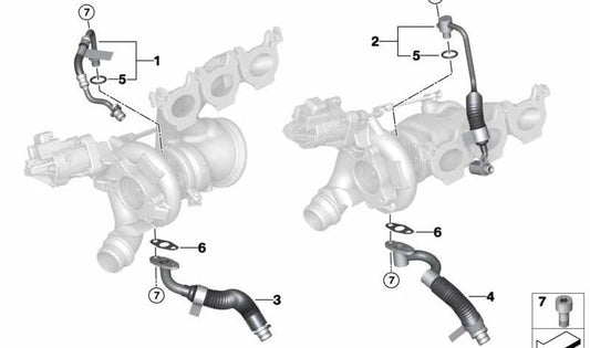 Turbocharger Oil Return Pipe OEM 11428054871 for BMW G20, G21, G80, G26, G82, G83, F97, F98. Original BMW.