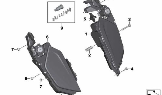 OEME Lugar direito 46638557436 Para motocicletas BMW K1600 GT, K1600 GTL, K1600 Bagger. BMW Motorrad original.