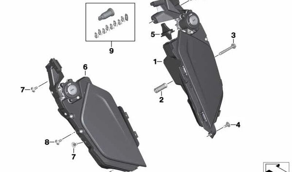 Portaobjetos derecho OEM 46638557436 para motos BMW K1600 GT, K1600 GTL, K1600 Bagger. Original BMW Motorrad.