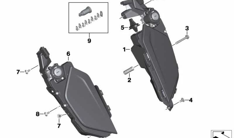 Casillero izquierdo OEM 46638551708 para motos BMW K 1600 GT, K 1600 GTL y K 1600 Bagger. Original BMW Motorrad.