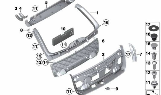Involta la copertura della chiusura del trunk OEM 51247266423 per BMW F11 (5 serie Touring). Everest Grey Color. BMW originale BMW.