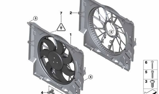Fan housing OEM 17427794233 for BMW series 1 E87, series 3 E90, E90N, E91, E91N, E92, E92N, E93, E93N and X1 E84. Original BMW.