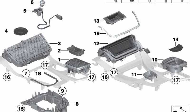 Portavasos consola central OEM 51169171560 para BMW F10, F11, F18. Original BMW.