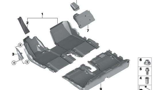 Cubierta del suelo delantera OEM 51477272375 para BMW i3 (I01) 60Ah, 94Ah, 120Ah y versiones Rex. Compatible con todos los modelos de 2013 a 2022. Original BMW.