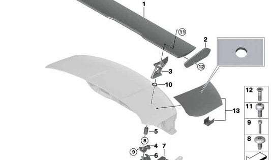 Soporte derecho del alerón trasero OEM 51628064990 para BMW F82 M4 GTS. Solo compatible con modelos fabricados entre 2016 y 2017. Pieza original BMW.